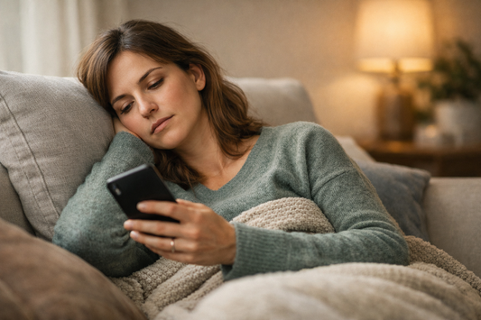 Person som vilar i soffan med telefonen i handen – symbol för trygg närvaro och stöd under en hälsoresa - Erics Hälsohörna