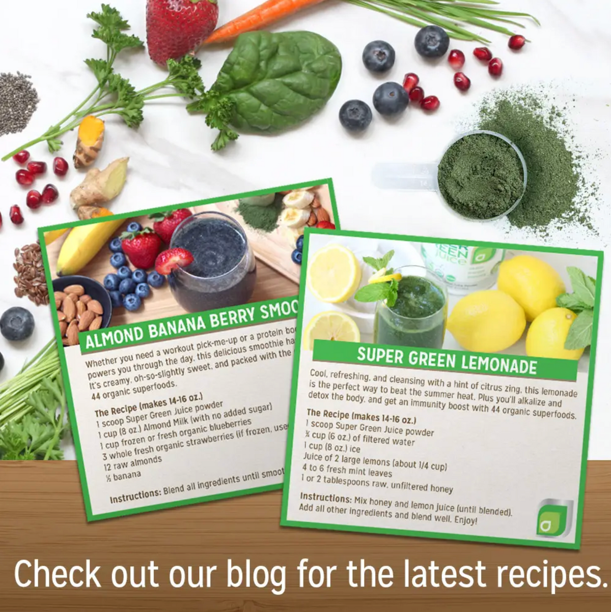 Superfoods och greens med adaptogener, medicinalsvampar, bär, antioxidanter och ekologiska växter