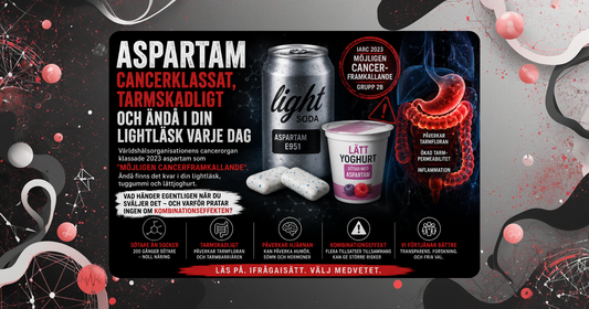 Burk med lightläsk bredvid kemiska molekylstrukturer – aspartam och dess nedbrytningsprodukter