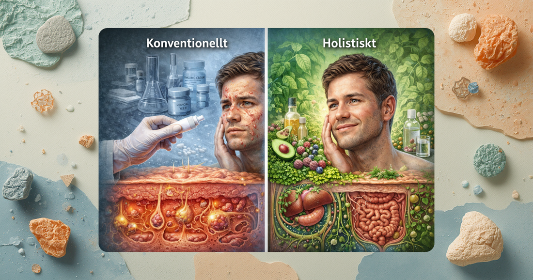 Delad bild som visar hudproblem behandlade utifrån med krämer jämfört med ett holistiskt synsätt där kost, tarm och inre balans stödjer hudhälsa.