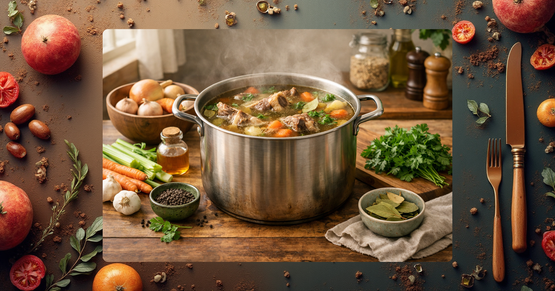 Erics Hälsohörnas långkokta köttbuljong i en kastrul, en läkande buljong för kroppen