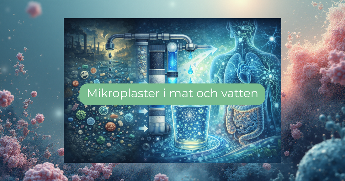 Illustration som visar hur mikroplast och miljögifter kan finnas i vatten och hur filtrering förbättrar vattenkvalitet för kropp och hälsa.