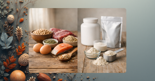 Jämförande bild som visar skillnaden mellan naturliga proteinkällor som kött, fisk, ägg och baljväxter till vänster, och industriellt framställda proteinisolat och processade produkter till höger, som illustrerar graden av livsmedelsbearbetning.