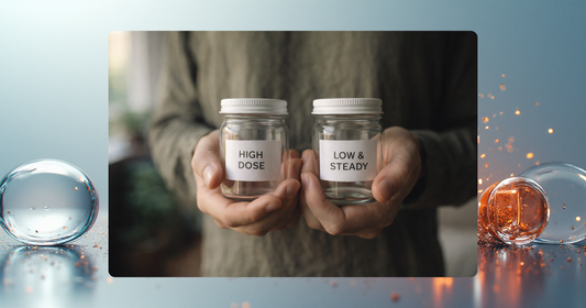 Person håller två burkar i mjukt dagsljus: “High dose” och “Low & steady”, som illustrerar kroppens reglering mot balans.