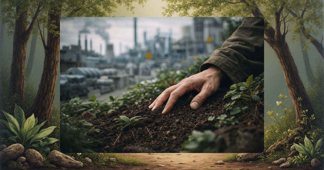 Person som rör vid jord och växter i kontrast till industriella miljöer – symbol för skillnaden mellan natur och industrialisering
