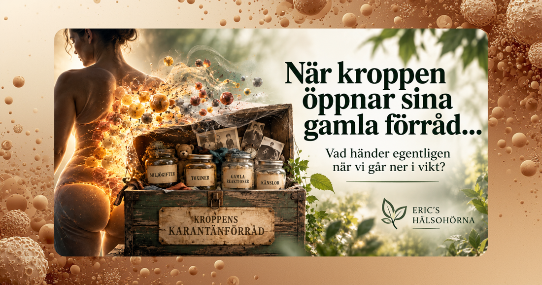 Illustration av hur fettväven frigör lagrade ämnen vid viktnedgång. Kroppens karantänförråd symboliserar miljögifter, toxiner, känslor och gamla kroppsliga reaktioner.