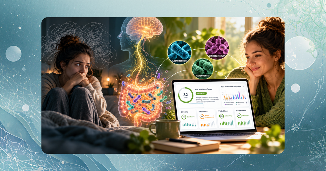 Illustration av tarmfloran och dess kommunikation med hjärnan genom nervsystemet, med bakterier kopplade till forskning om ångest, oro, GABA och serotonin.