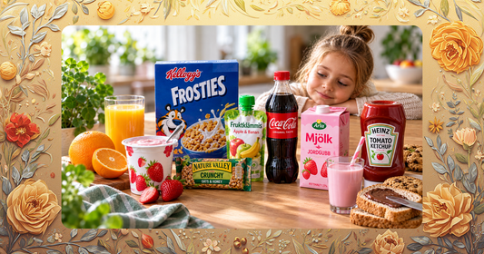 Vanliga livsmedel som yoghurt, flingor, juice, klämmis och torkad frukt illustrerar dolt och fritt socker i barns vardagsmat.