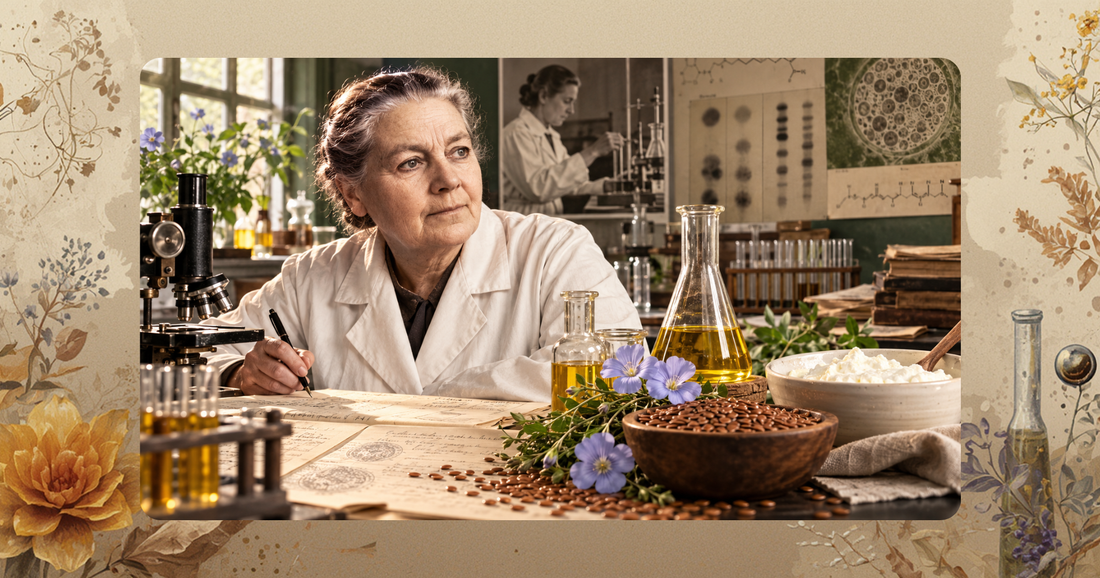 Historiskt inspirerad illustration av Johanna Budwigs forskning om fettsyror, med linfrön, linfröolja och kvarg i ett laboratorium.