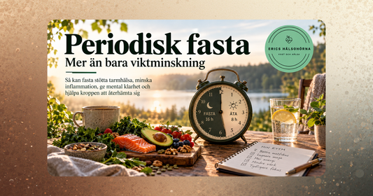 Periodisk fasta 16:8 illustrerad med näringsrik mat och en klocka som symboliserar kroppens dygnsrytm, fastefönster och ätfönster.
