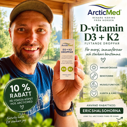 Eric med ArcticMed D-vitamin D3 + K2 droppar och rabattkod ERICSHALSOHORNA