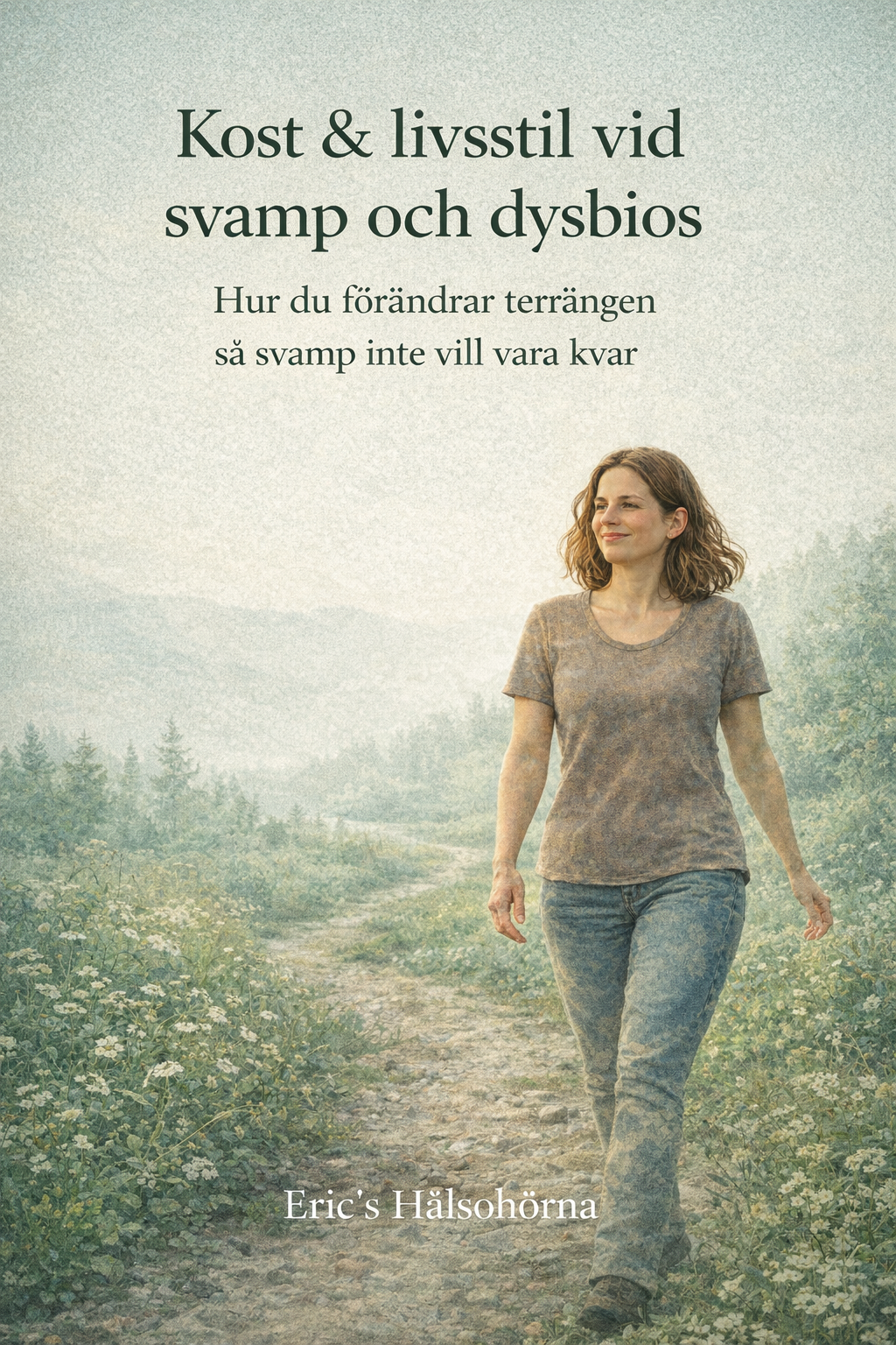 Omslagsbild för kursen Kost och livsstil vid svamp och dysbios – en kvinna som promenerar lugnt på en stig i naturen, som symbol för långsiktig läkning och en kropp i självreglering.