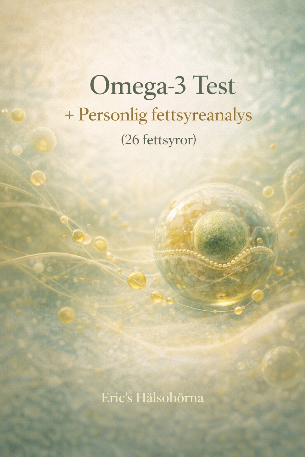 Produktbild för Omega-3 Test med personlig fettsyreanalys av 26 fettsyror, i lugn skandinavisk design med abstrakta organiska former som symboliserar cellhälsa, balans och fettsyrornas flöde.