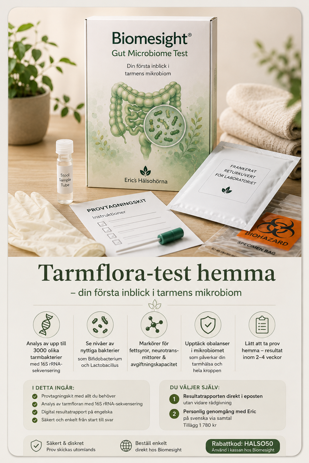 Biomesight tarmflora-test för hemmabruk med provtagningskit
